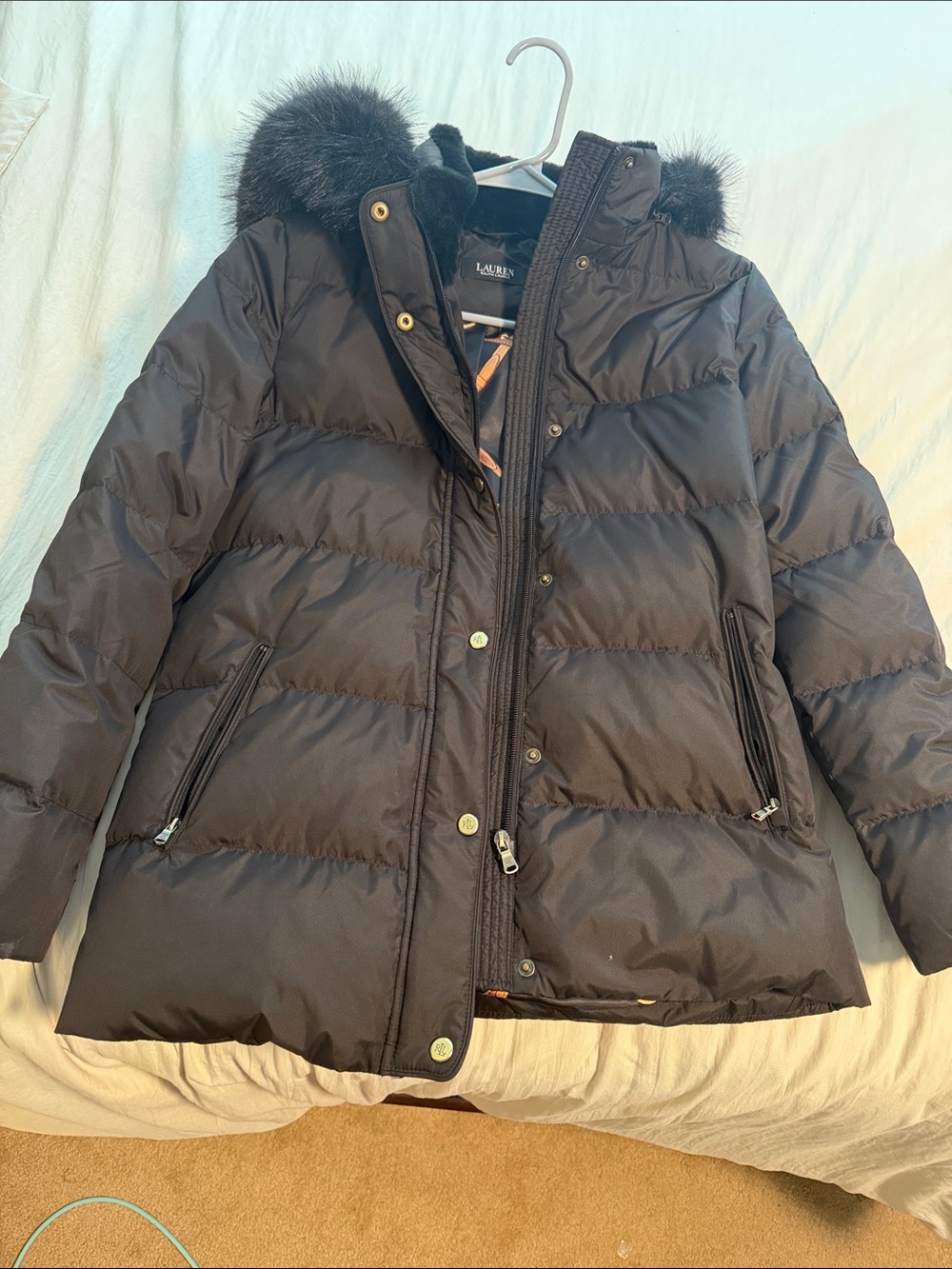 Lauren Ralph Lauren Black Quilted Puffer Coat with Faux Fur Hood